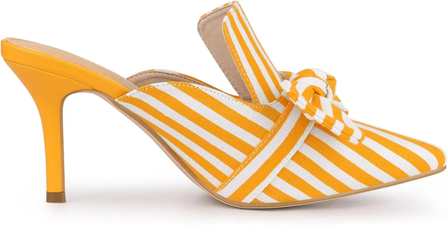 Allegra K Women's Stripe Bow Slip on Stiletto Heel Slides Mules