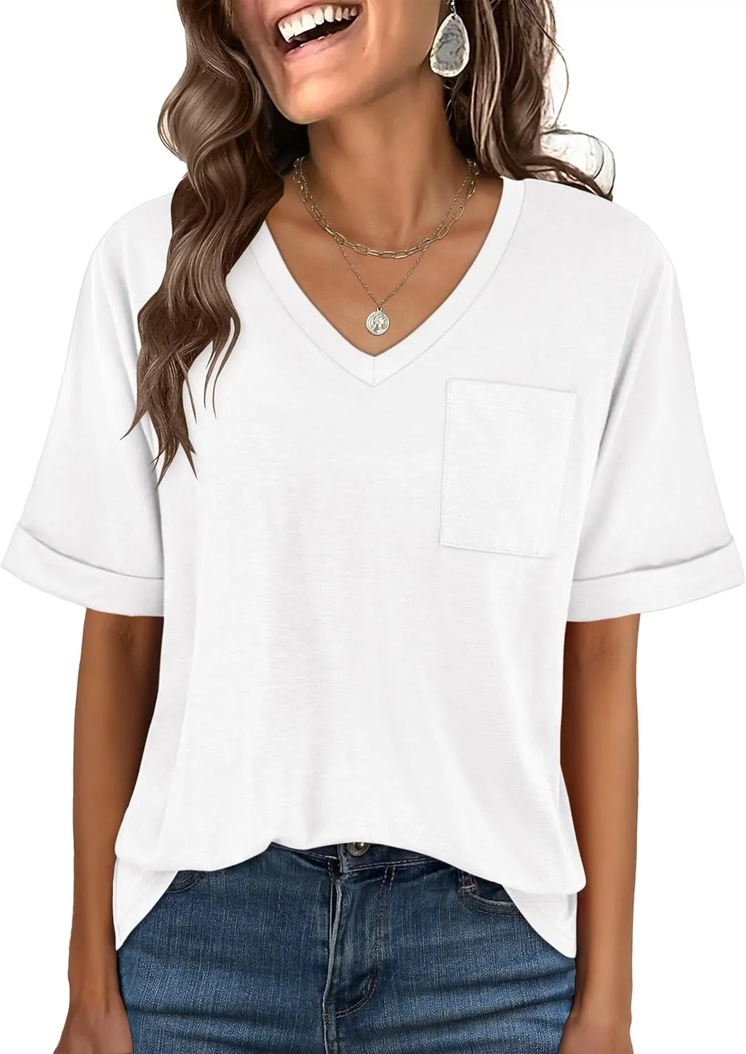 ANRABESS Women T Shirts Oversized Short Sleeve V Neck 2025 Summer Casual Loose Tops Basic Tee Shirts Outfits with Pocket