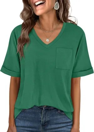ANRABESS Women T Shirts Oversized Short Sleeve V Neck 2025 Summer Casual Loose Tops Basic Tee Shirts Outfits with Pocket