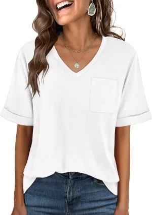 ANRABESS Women T Shirts Oversized Short Sleeve V Neck 2025 Summer Casual Loose Tops Basic Tee Shirts Outfits with Pocket