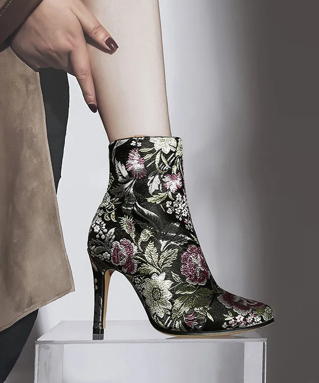 Elegant Yellow Embroidered Zippered Silk Velour High Heel Ankle Boots RT1070
