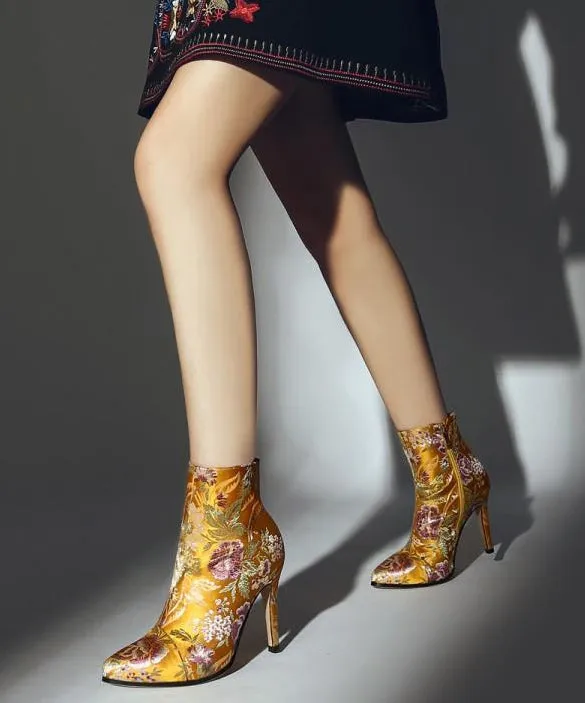 Elegant Yellow Embroidered Zippered Silk Velour High Heel Ankle Boots RT1070