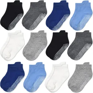 GRPSKCOS Non Slip Toddler Baby Socks - 12 Pairs Anti Skid Ankle Socks for Kids Boys 1-7 Years