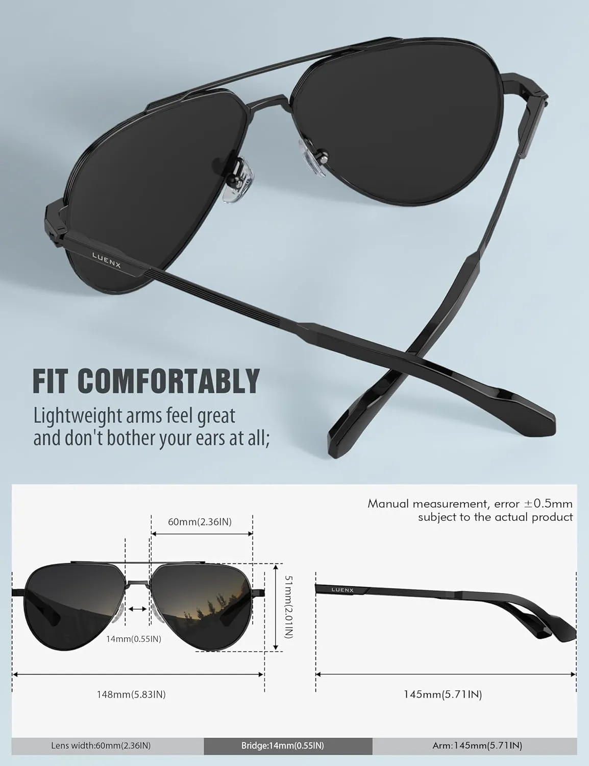 LUENX Aviator Sunglasses for Men Women Polarized Trendy Sun Shades UV 400 Protection