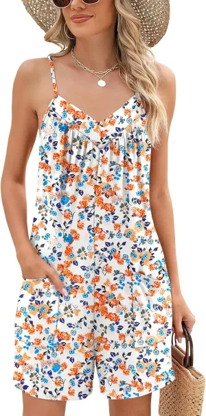 Rapbin Womens Summer Casual Sleeveless Rompers Spaghetti Strap Adjustable Loose Shorts Jumpsuit with Pockets