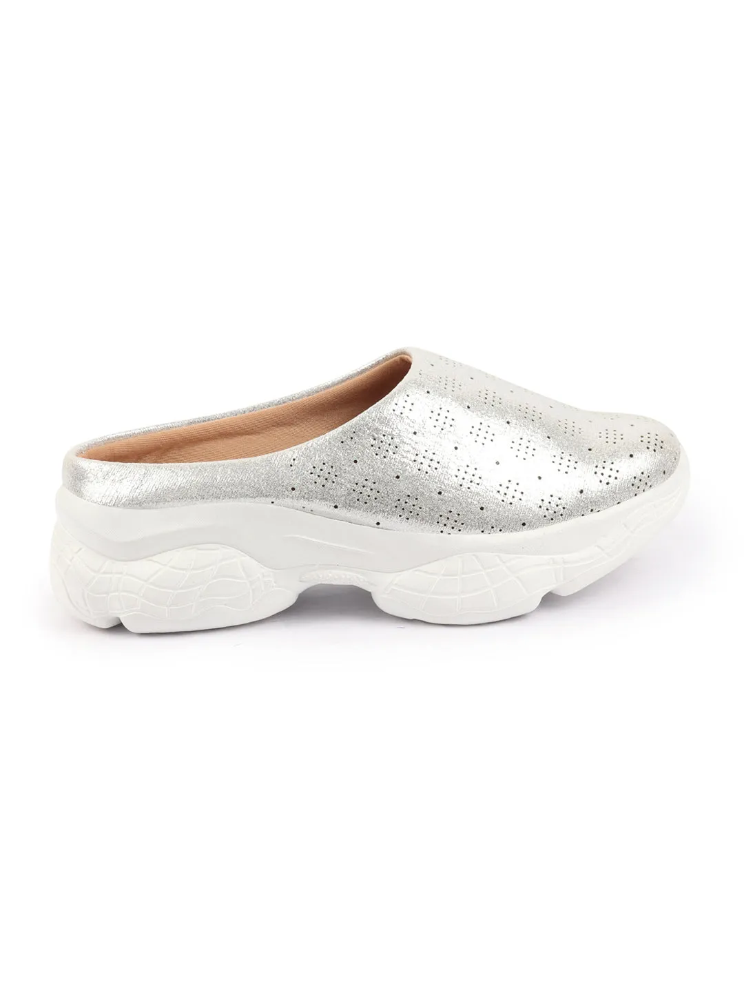 Women Silver Back Open Classic Design Slip On Mules Shoes