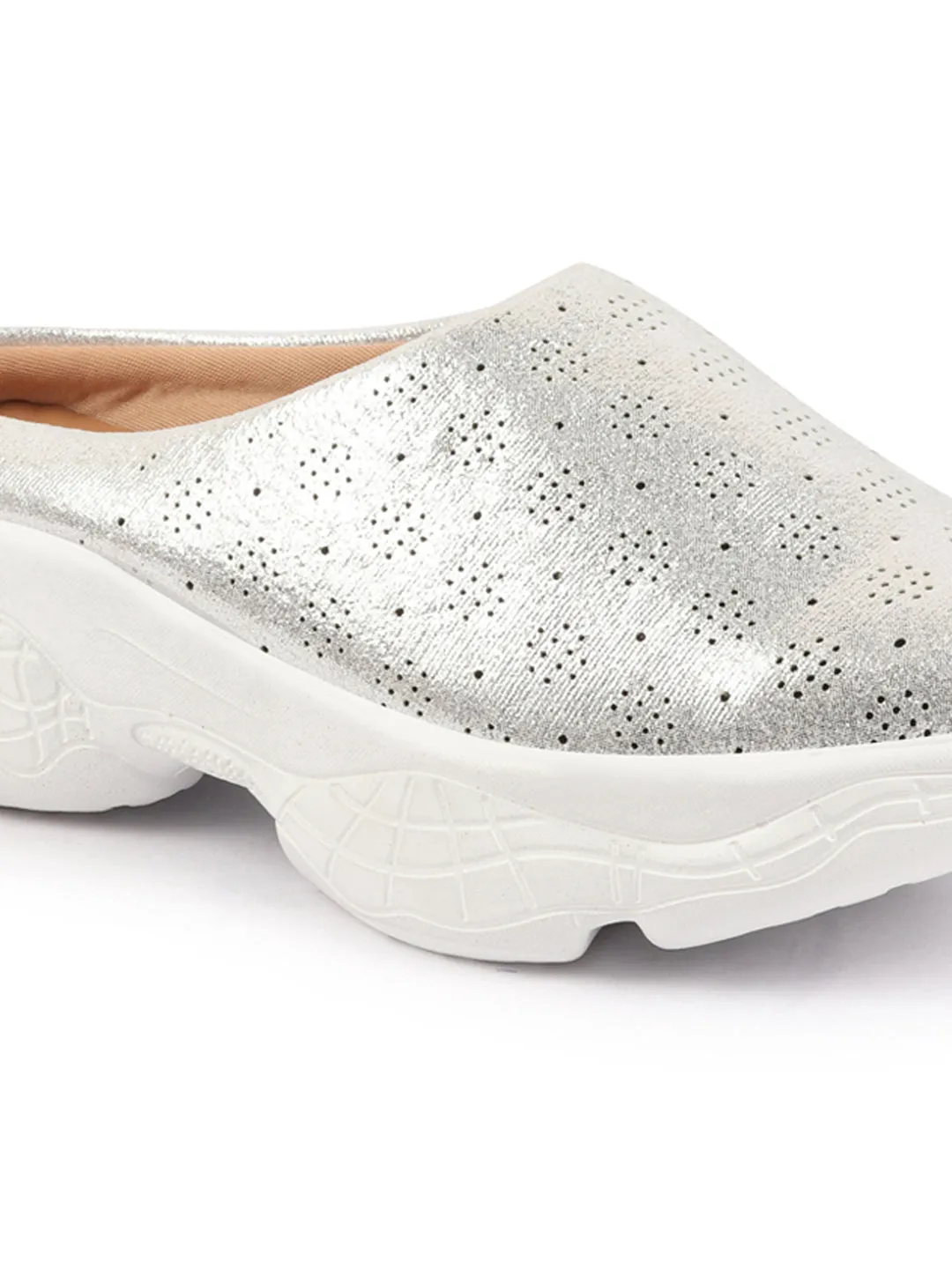 Women Silver Back Open Classic Design Slip On Mules Shoes