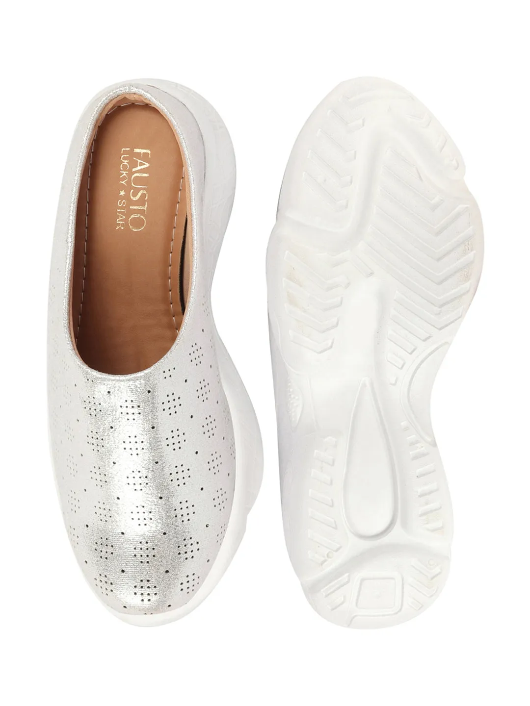 Women Silver Back Open Classic Design Slip On Mules Shoes