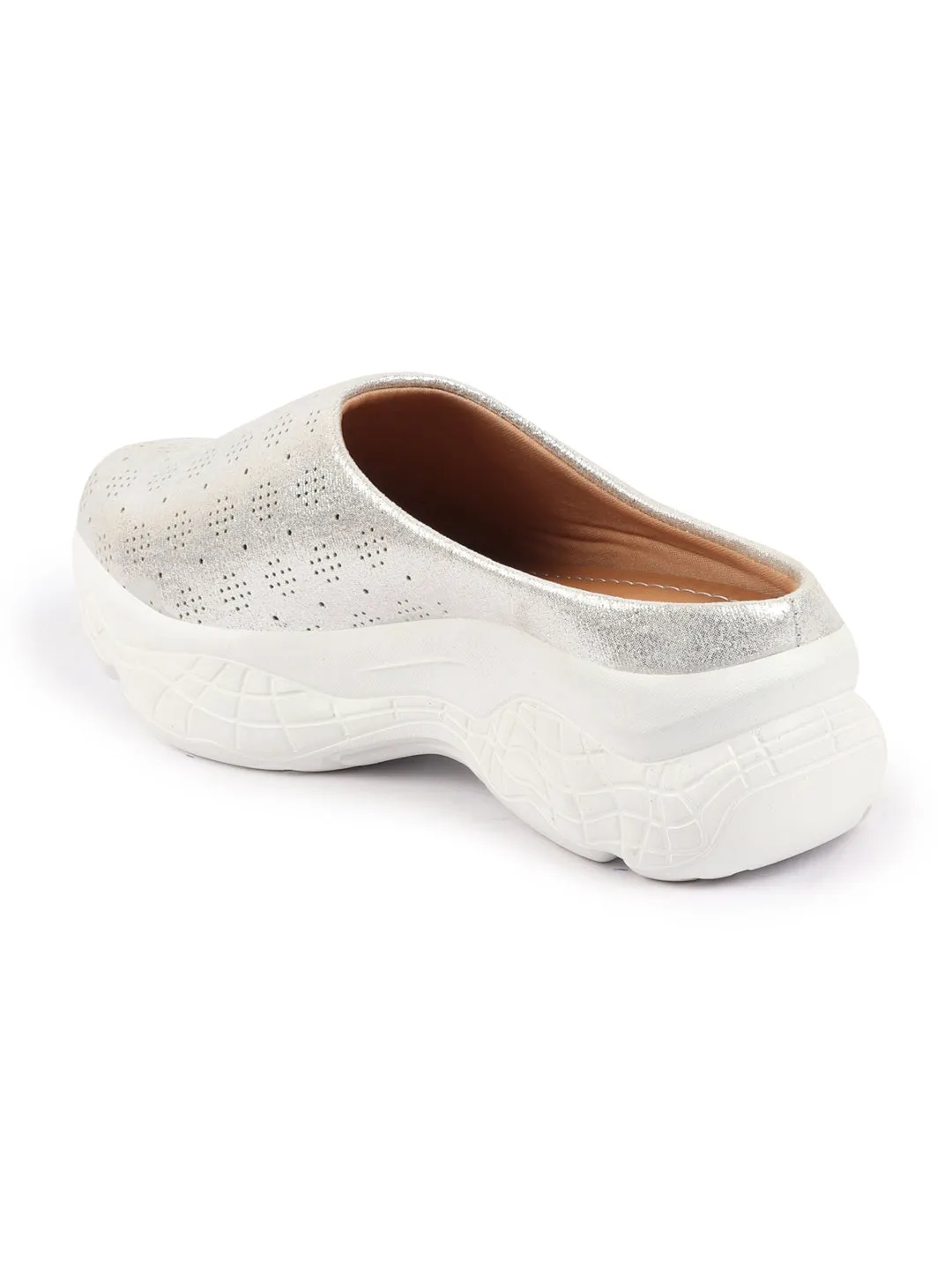 Women Silver Back Open Classic Design Slip On Mules Shoes