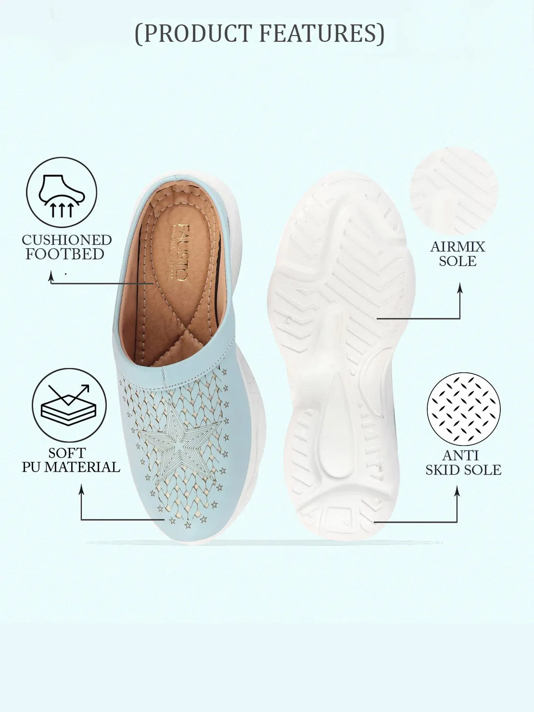 Women Sky Blue Laser Cut Design Stitched Back Open Slip-On Mules Shoes