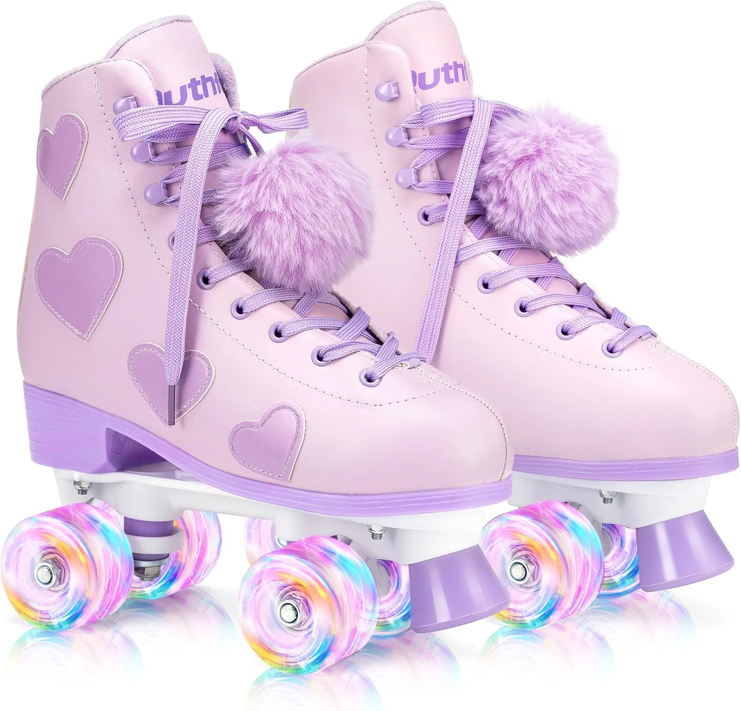 Women's and Girl's Classic Roller Skates with Light up Wheels and Love Heart Pattern, High-top PU Leather Rollerskates