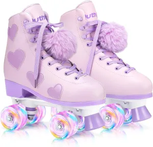 Women's and Girl's Classic Roller Skates with Light up Wheels and Love Heart Pattern, High-top PU Leather Rollerskates