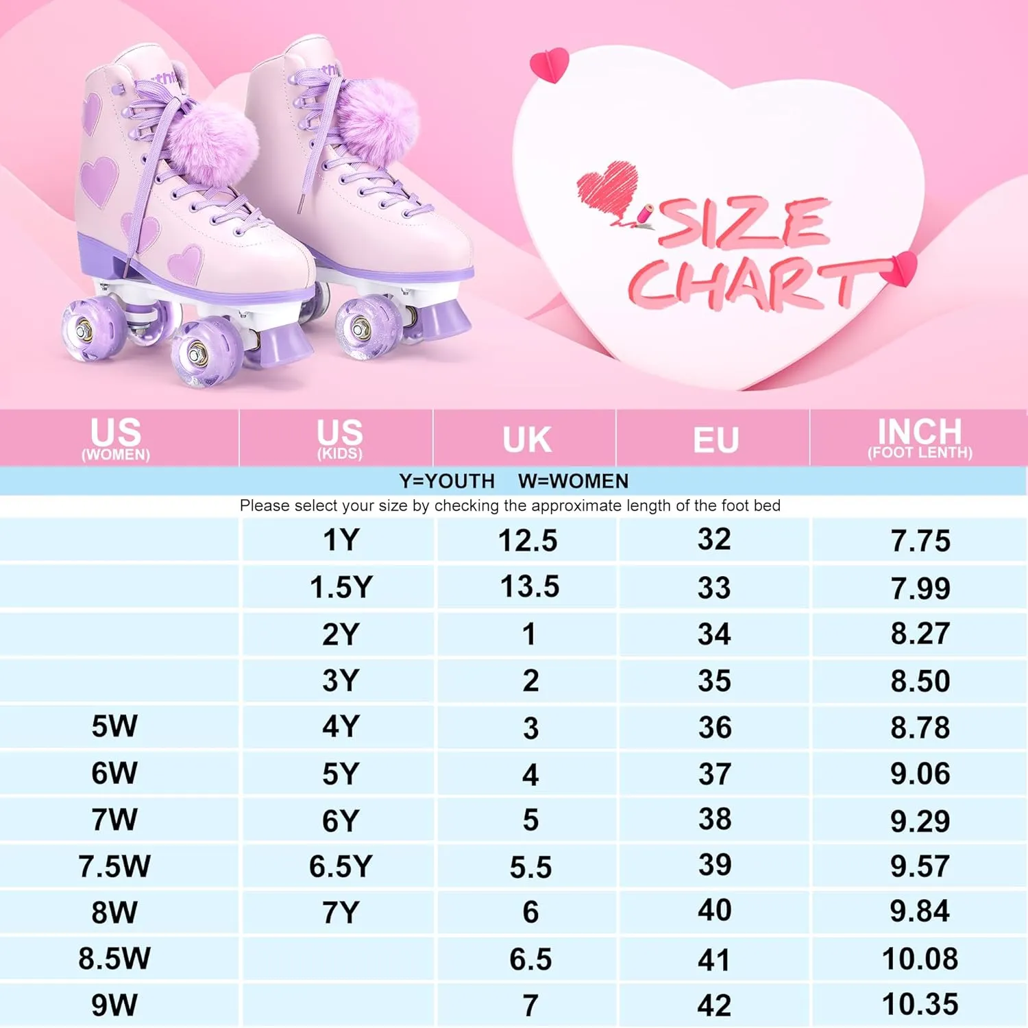 Women's and Girl's Classic Roller Skates with Light up Wheels and Love Heart Pattern, High-top PU Leather Rollerskates