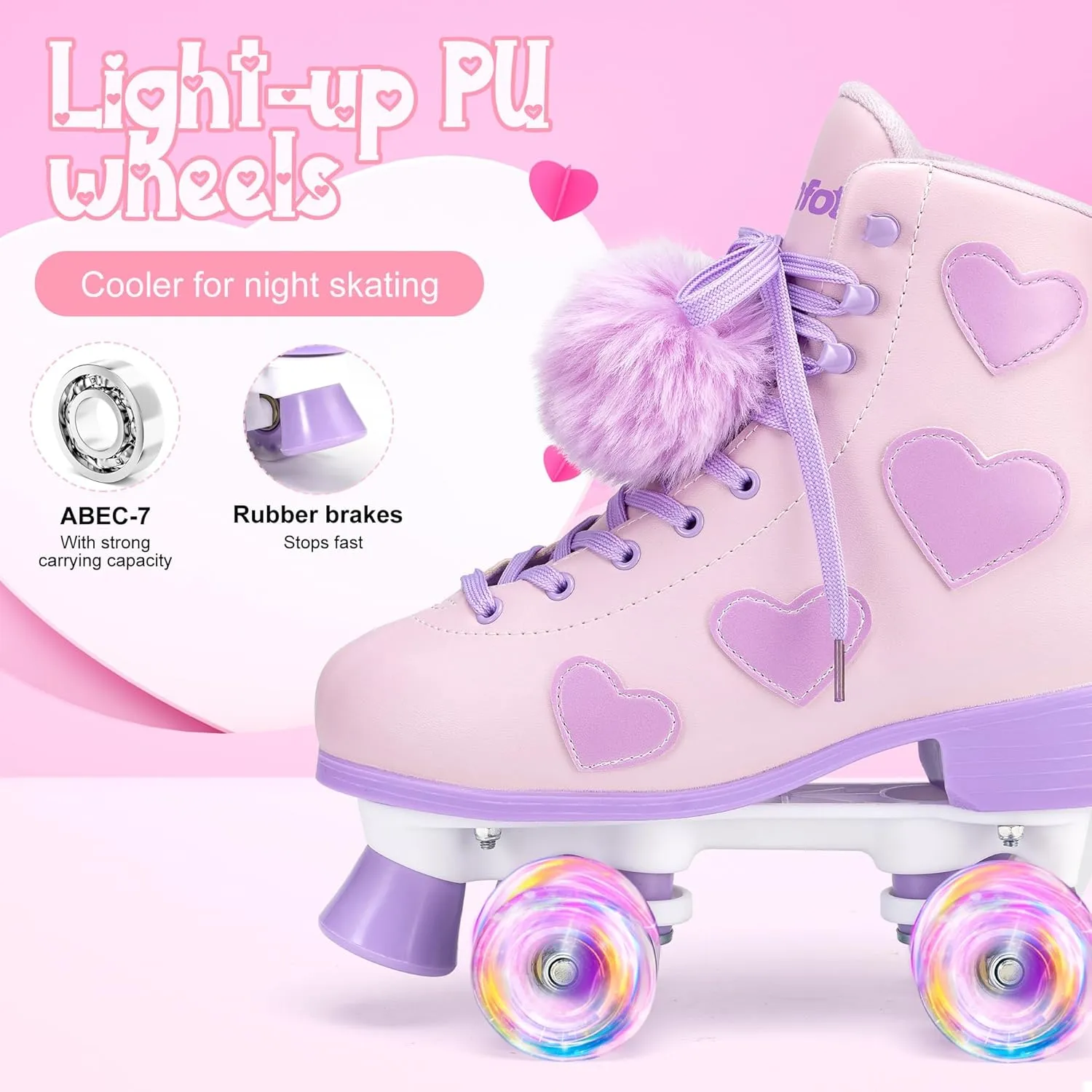Women's and Girl's Classic Roller Skates with Light up Wheels and Love Heart Pattern, High-top PU Leather Rollerskates