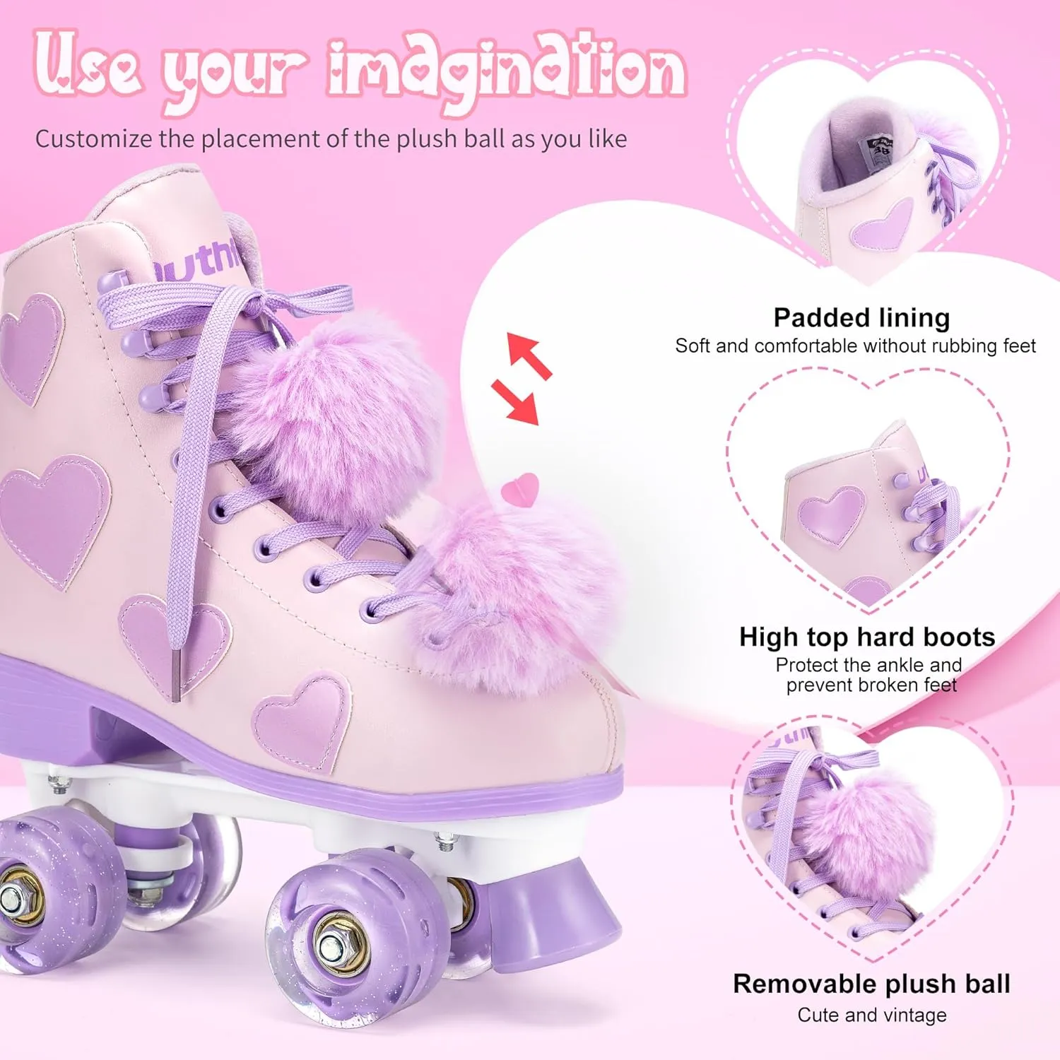 Women's and Girl's Classic Roller Skates with Light up Wheels and Love Heart Pattern, High-top PU Leather Rollerskates