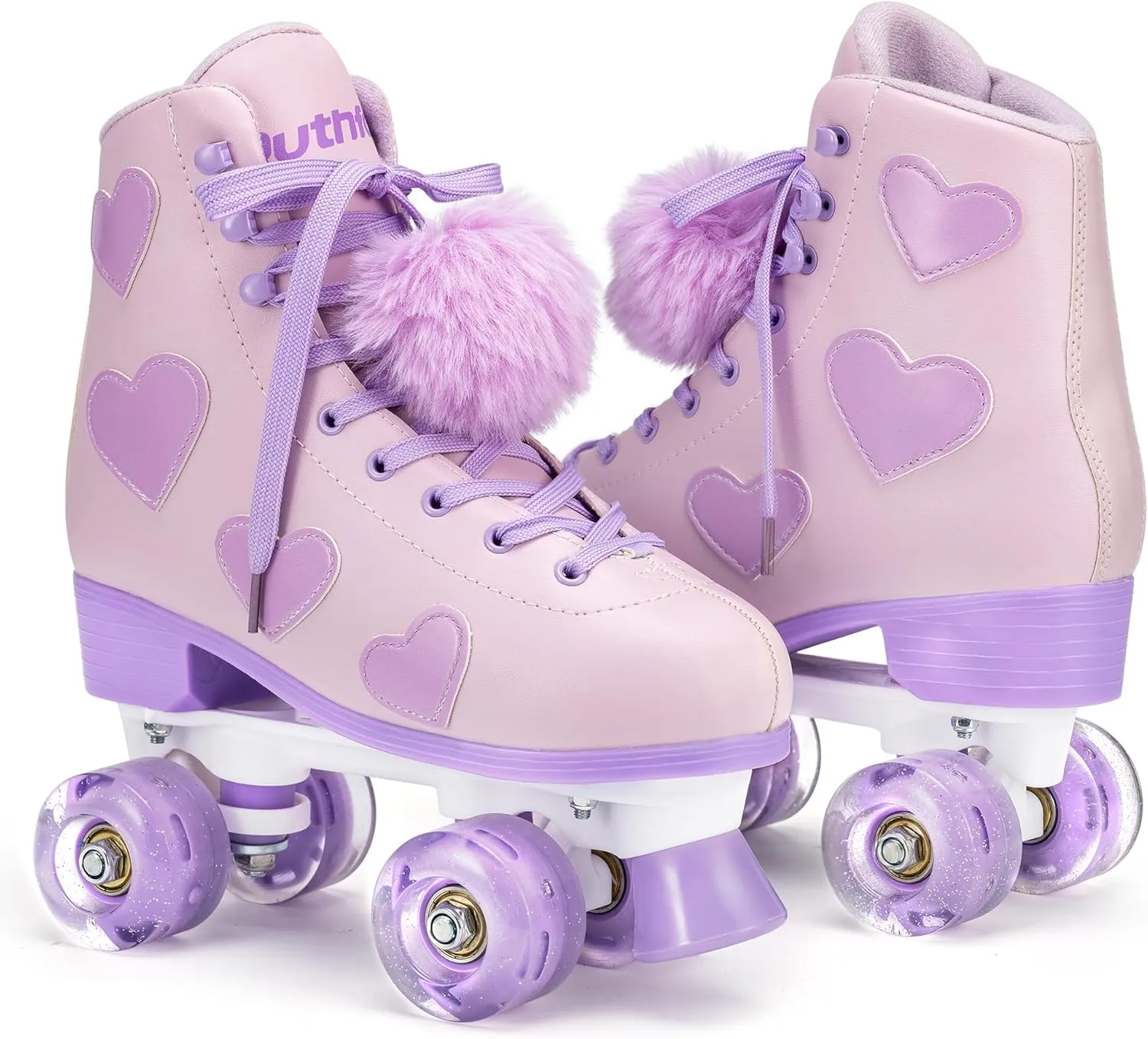 Women's and Girl's Classic Roller Skates with Light up Wheels and Love Heart Pattern, High-top PU Leather Rollerskates