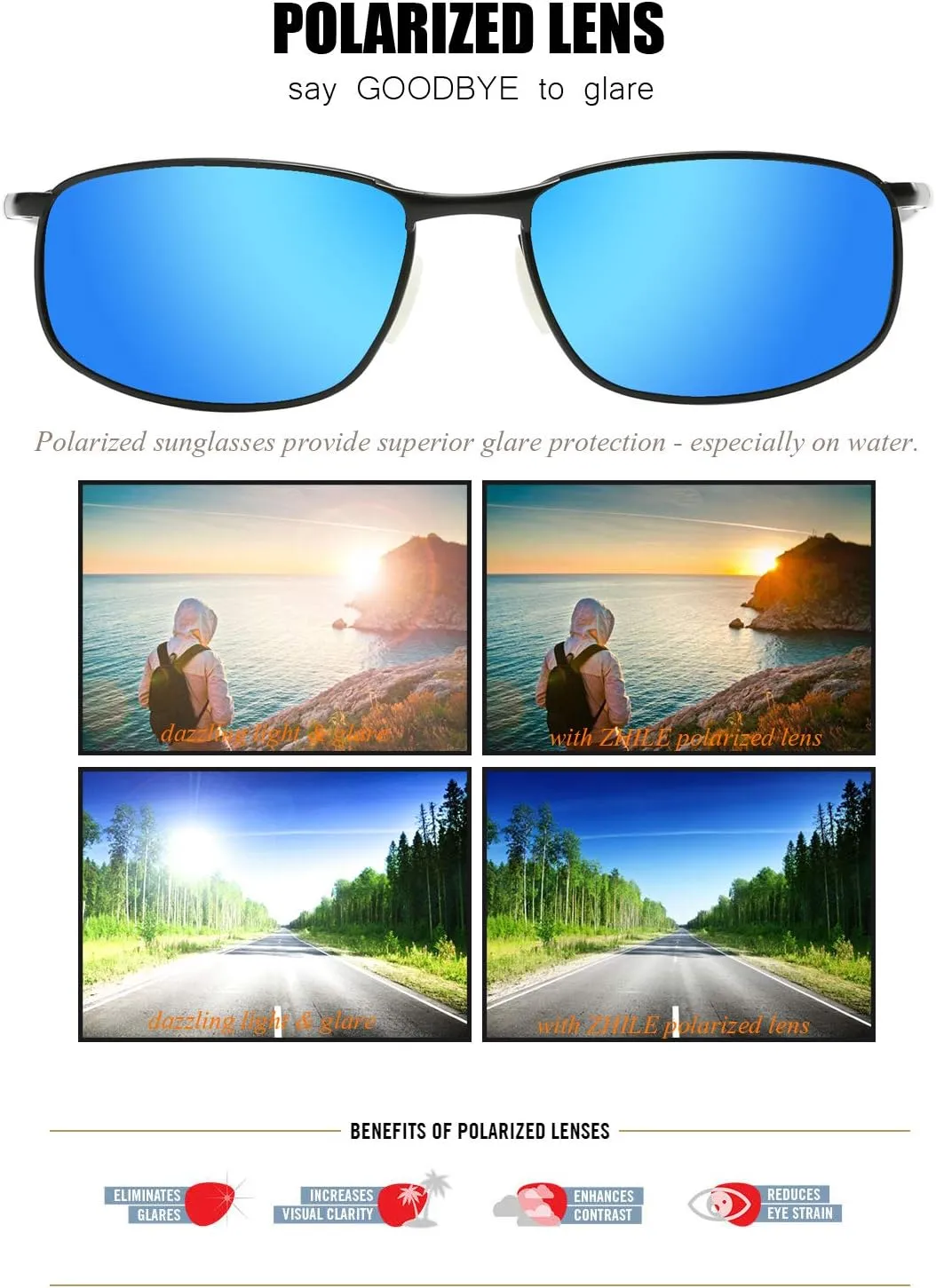 ZHILE Polarized Sunglasses for Men, 8-base Curve Wrap Metal Frame for Fishing Sporting Driving with Sunglasses Case